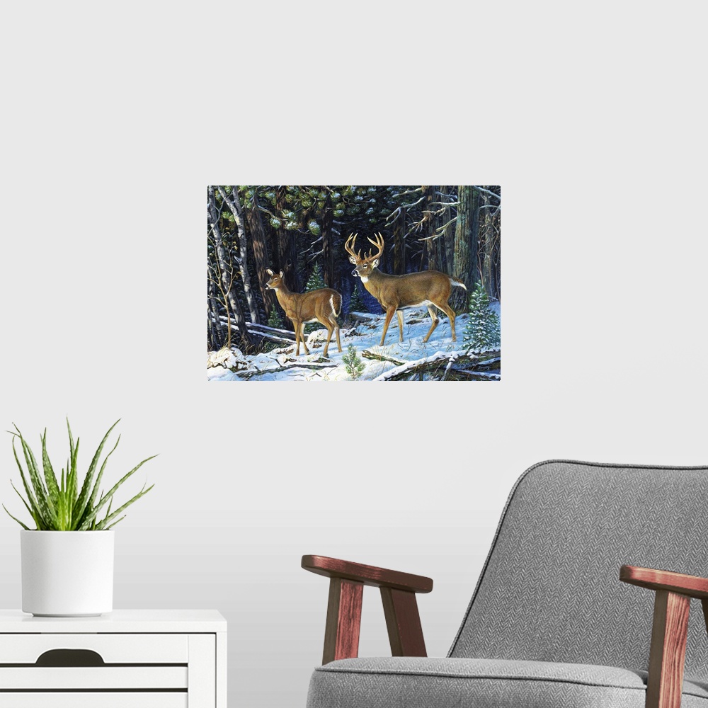 A modern room featuring Contemporary artwork of a pair of deer standing in the snow at the edge of a forest.