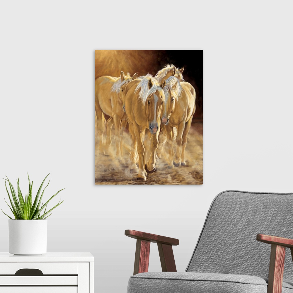 A modern room featuring A herd of palomino horses walking in the late afternoon light.