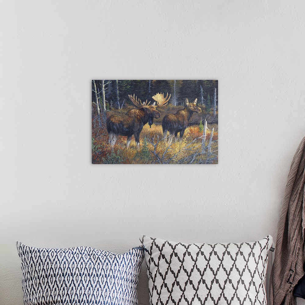 A bohemian room featuring Contemporary artwork of a moose bull and cow walking together in a forest in the fall.