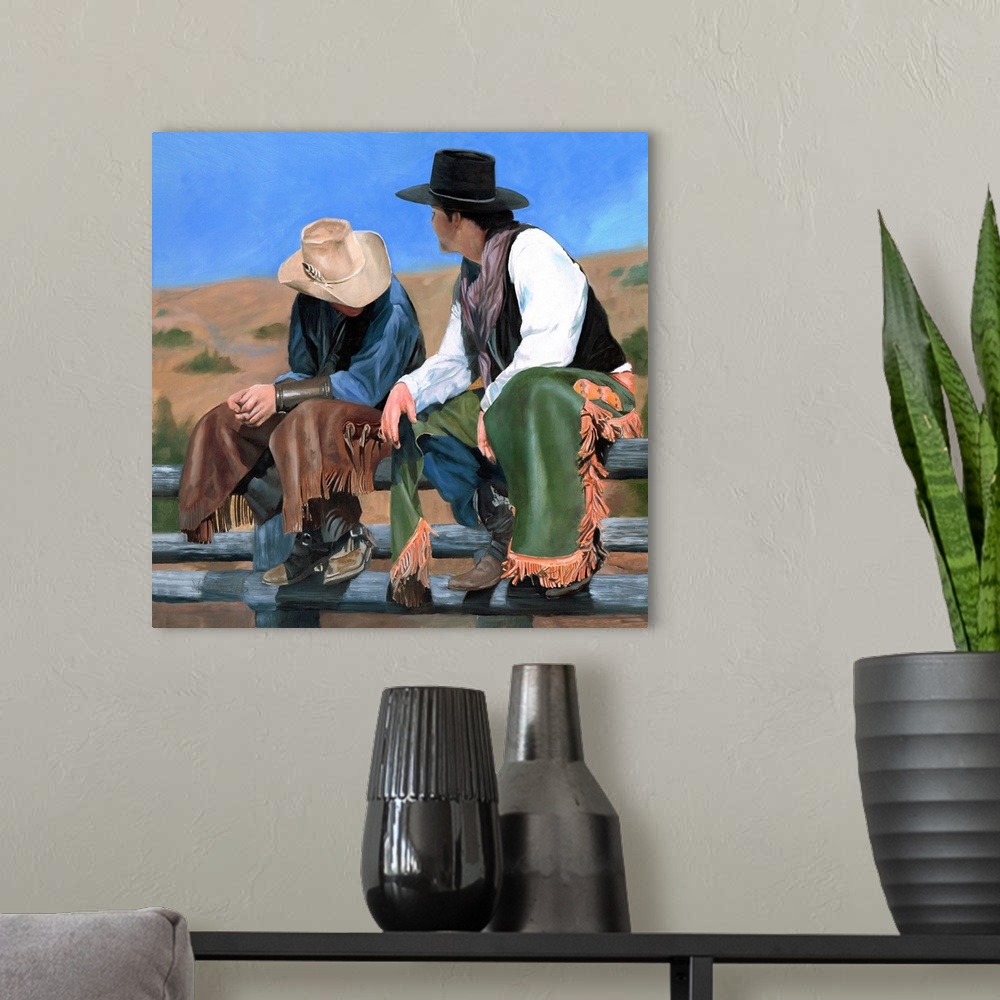A modern room featuring Painting of two cowboys wearing chaps and sitting on a wooden fence.
