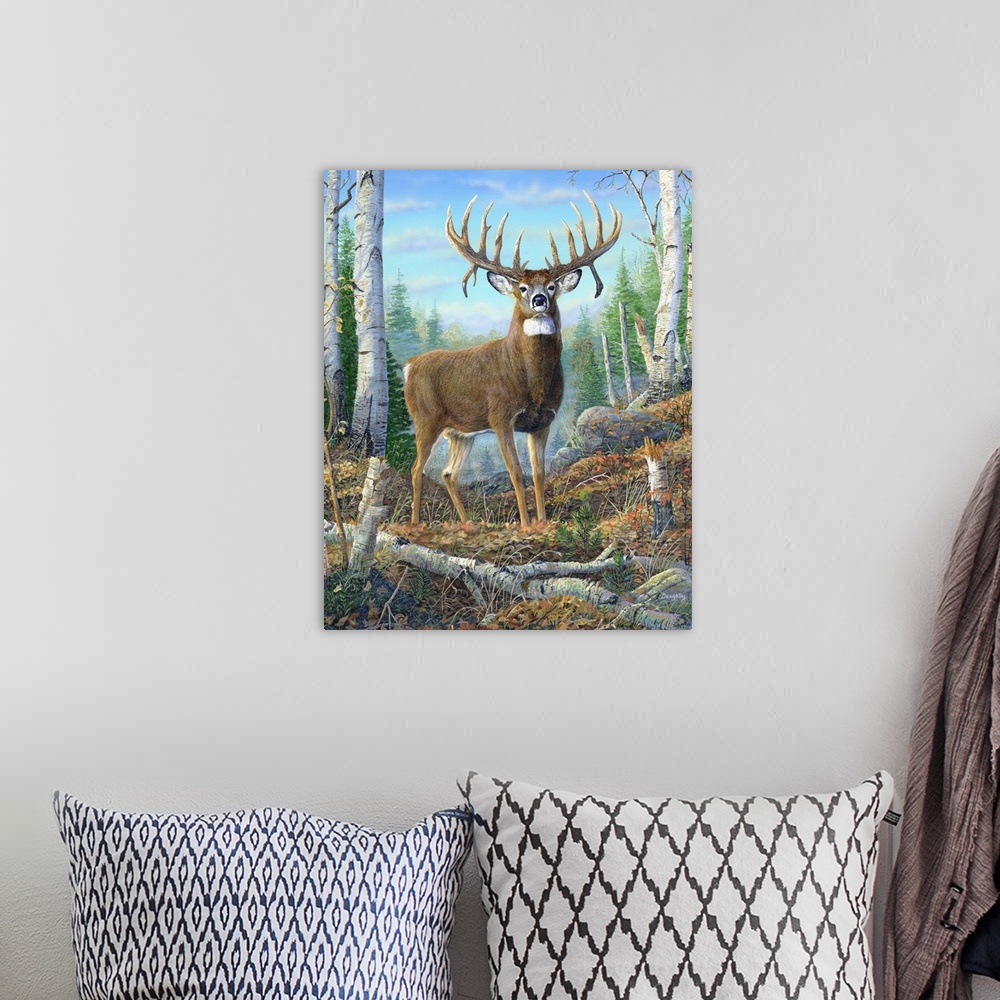 A bohemian room featuring A deer with a large set of antlers standing proudly in a forest.