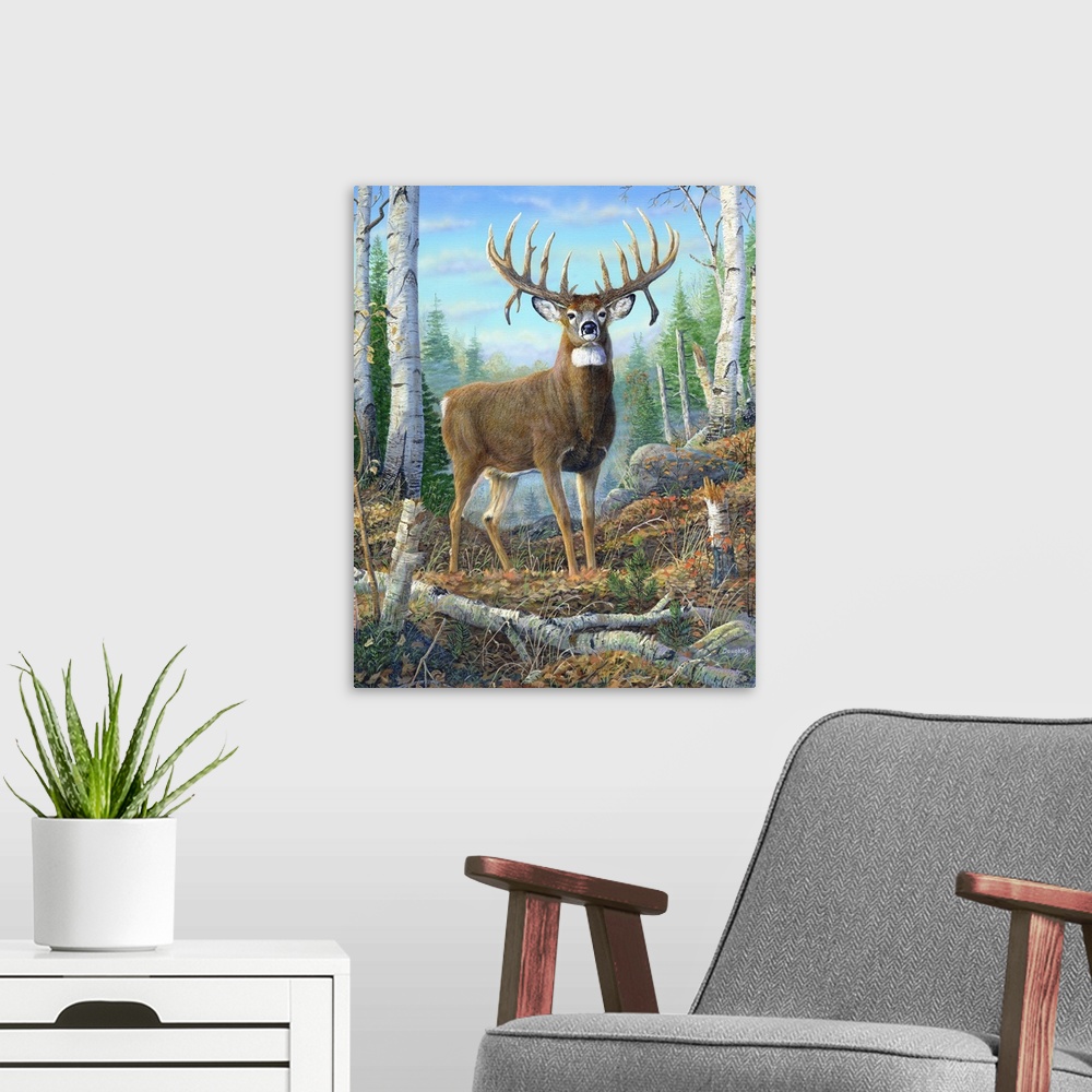 A modern room featuring A deer with a large set of antlers standing proudly in a forest.