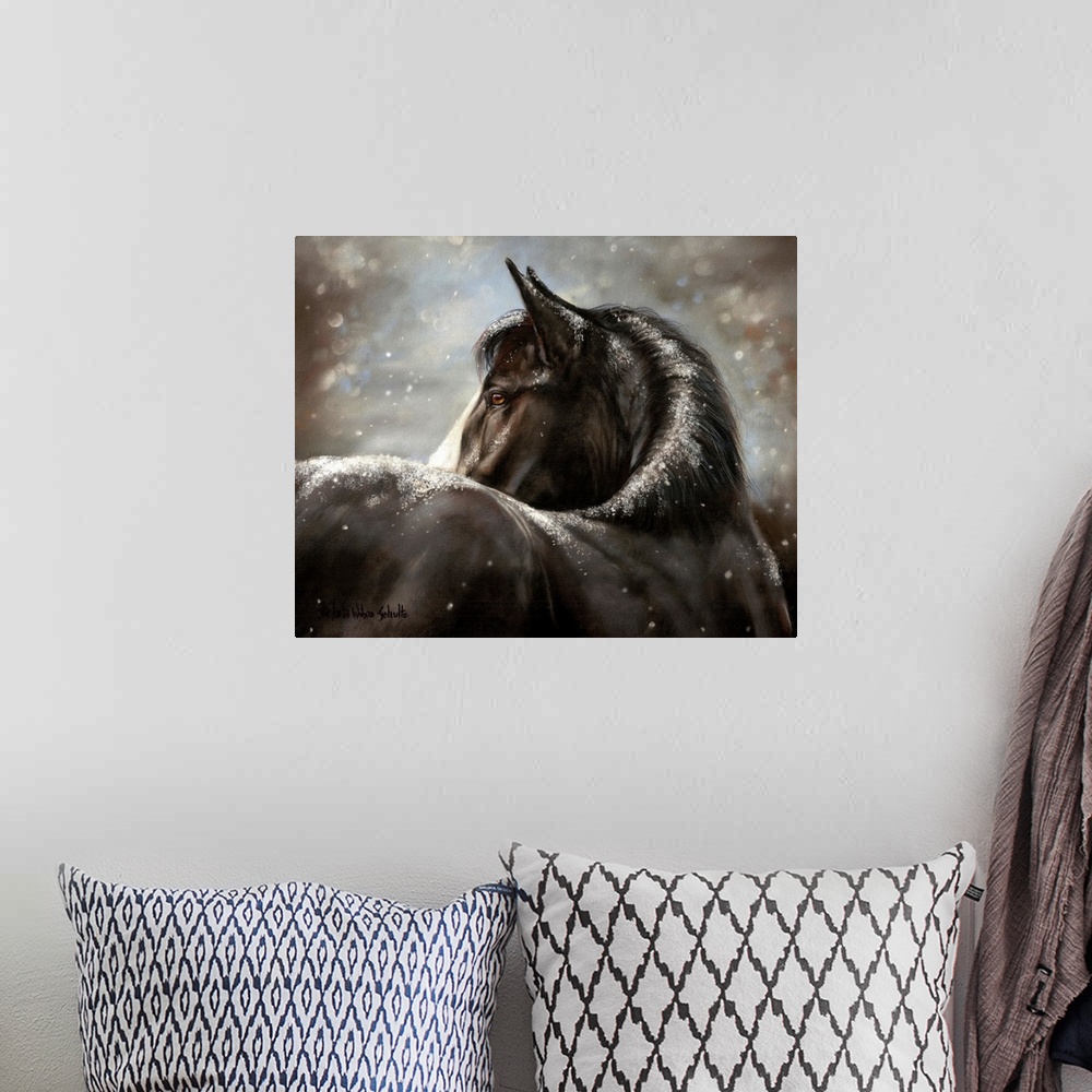 A bohemian room featuring Painting of a dark colored horse with light snow falling on it's mane and back.
