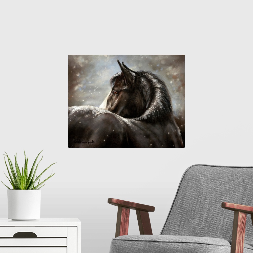 A modern room featuring Painting of a dark colored horse with light snow falling on it's mane and back.