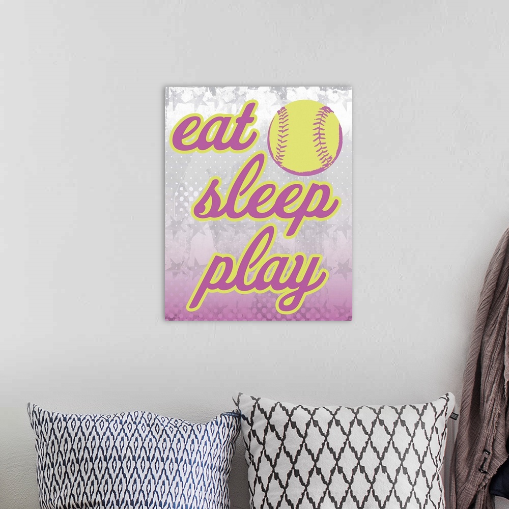 A bohemian room featuring Eat, sleep, play softball