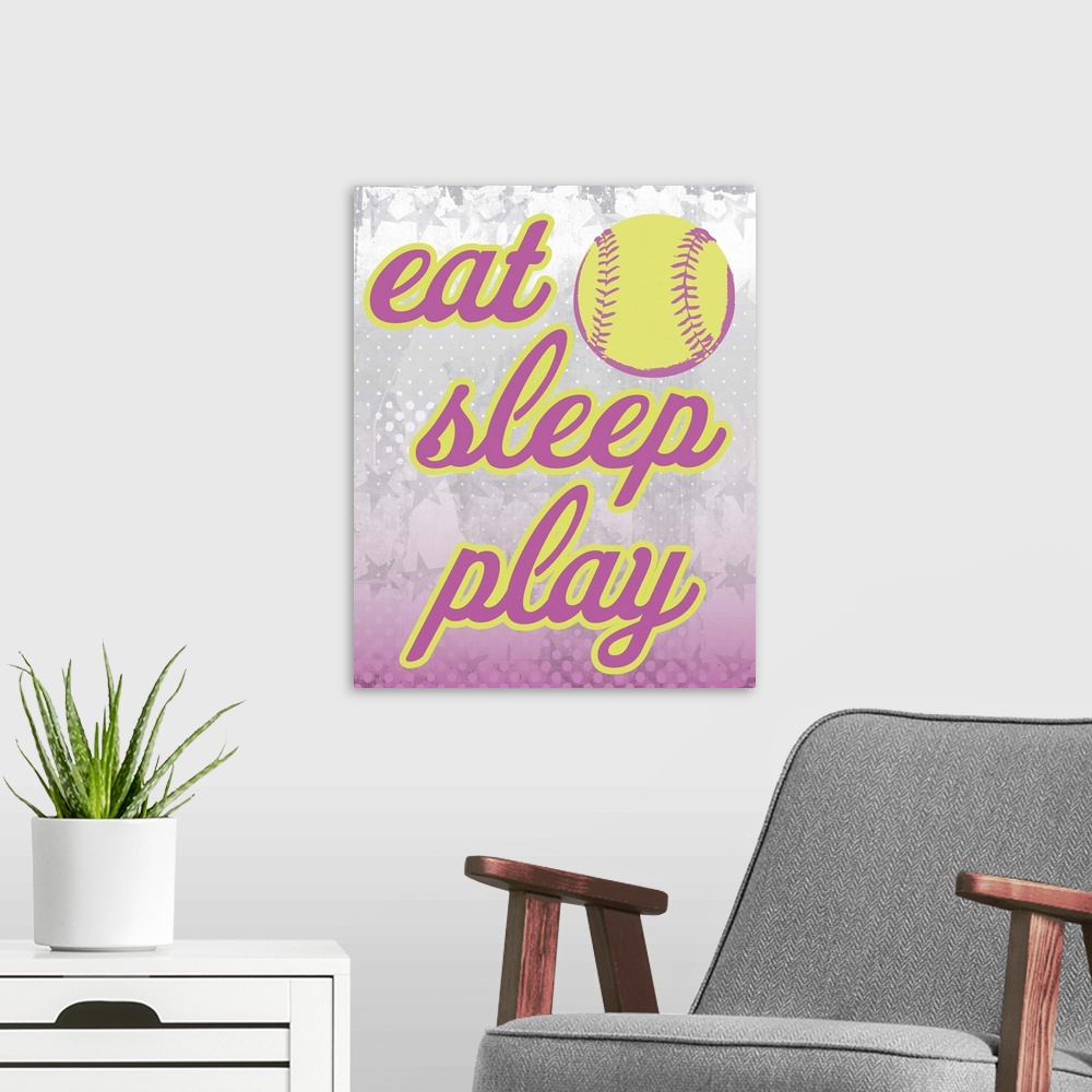 A modern room featuring Eat, sleep, play softball
