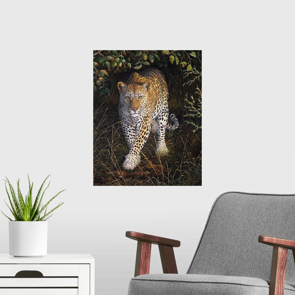 A modern room featuring Contemporary artwork of a leopard slowing walking out of cover from bushes.
