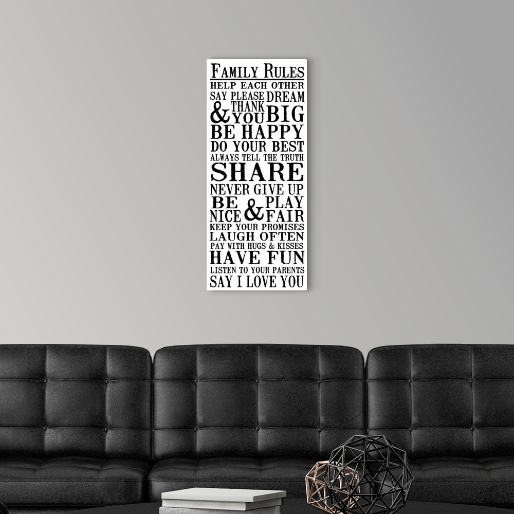 A modern room featuring Family Rules, black on white