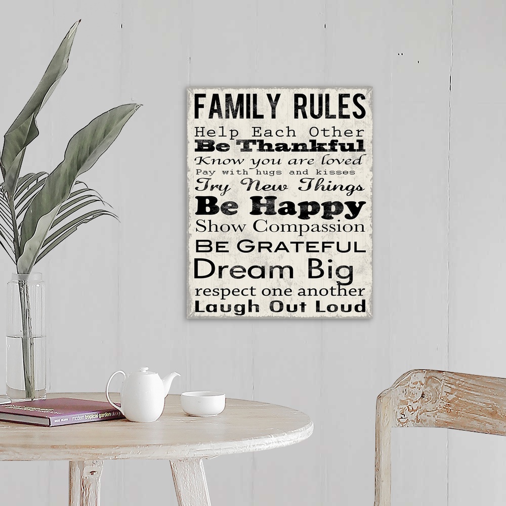 A farmhouse room featuring Family Rules Thankful