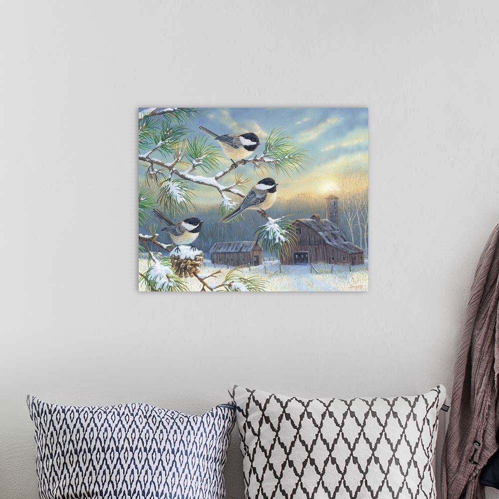 A bohemian room featuring Contemporary artwork of three chickadees in a tree, overlooking a barn.