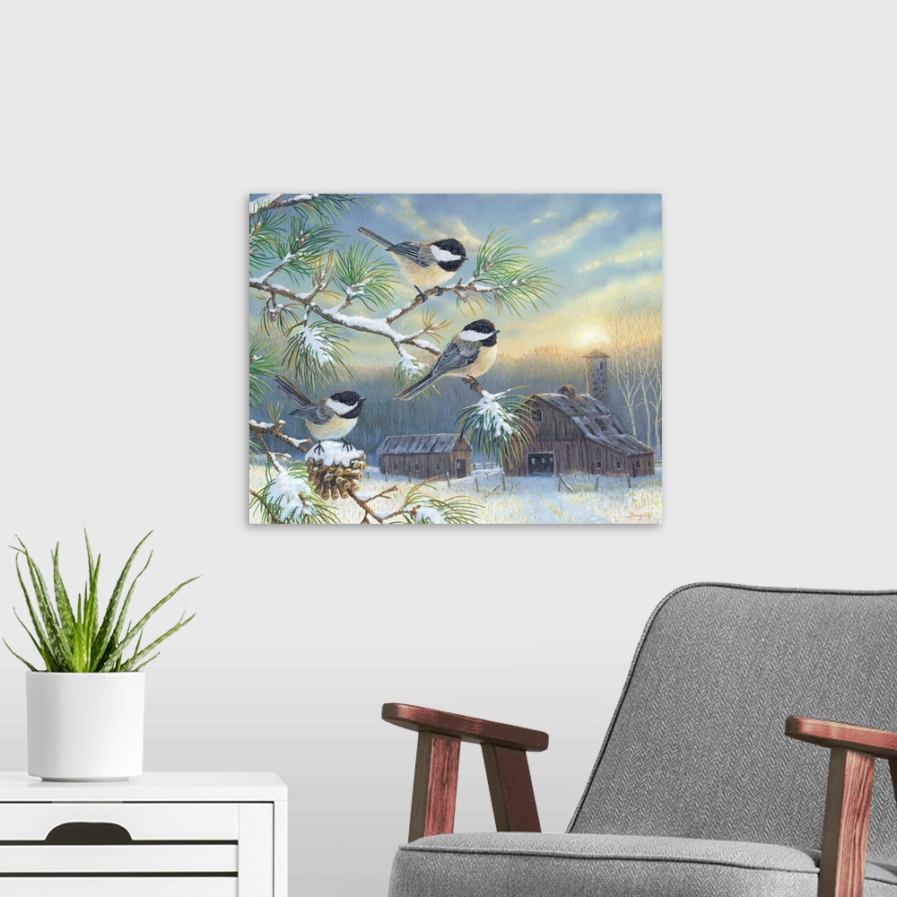 A modern room featuring Contemporary artwork of three chickadees in a tree, overlooking a barn.