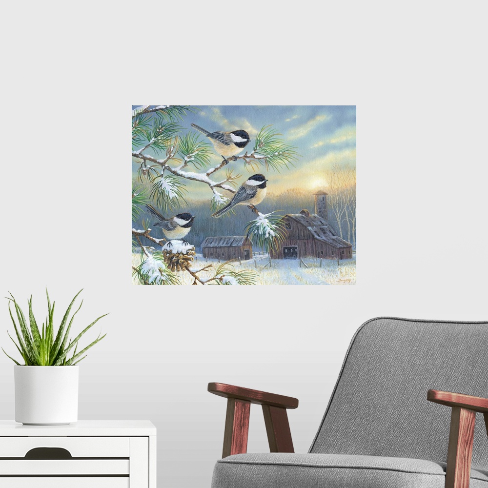 A modern room featuring Contemporary artwork of three chickadees in a tree, overlooking a barn.