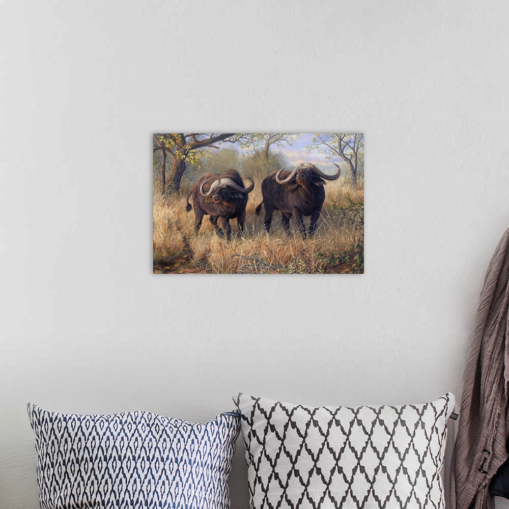 A bohemian room featuring Artwork of a pair of African buffalo walking through tall brush.