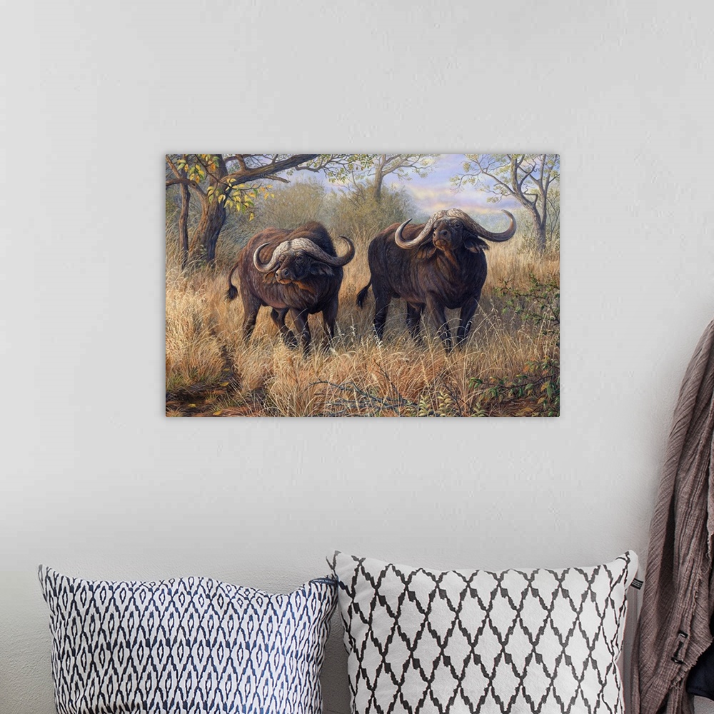 A bohemian room featuring Artwork of a pair of African buffalo walking through tall brush.