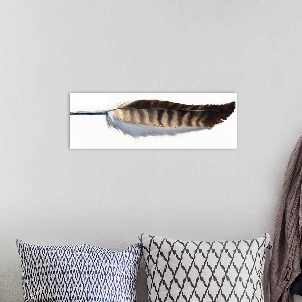 A bohemian room featuring Contemporary painting of a single striped feather.