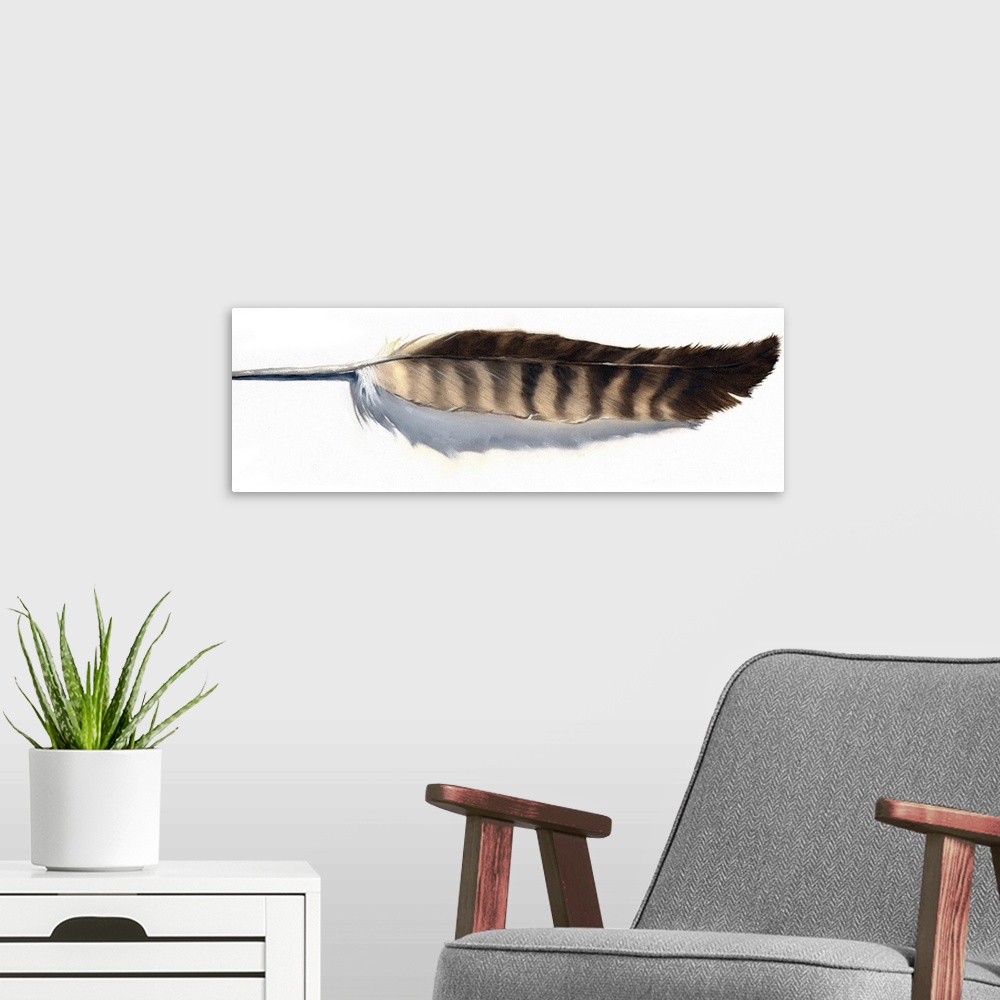 A modern room featuring Contemporary painting of a single striped feather.