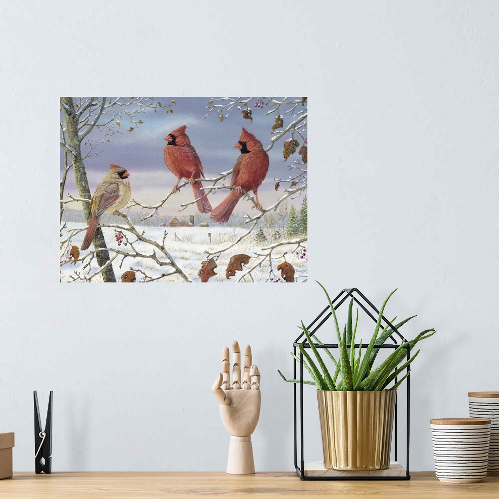 A bohemian room featuring Contemporary artwork of three cardinals perched on thin branches in the winter.