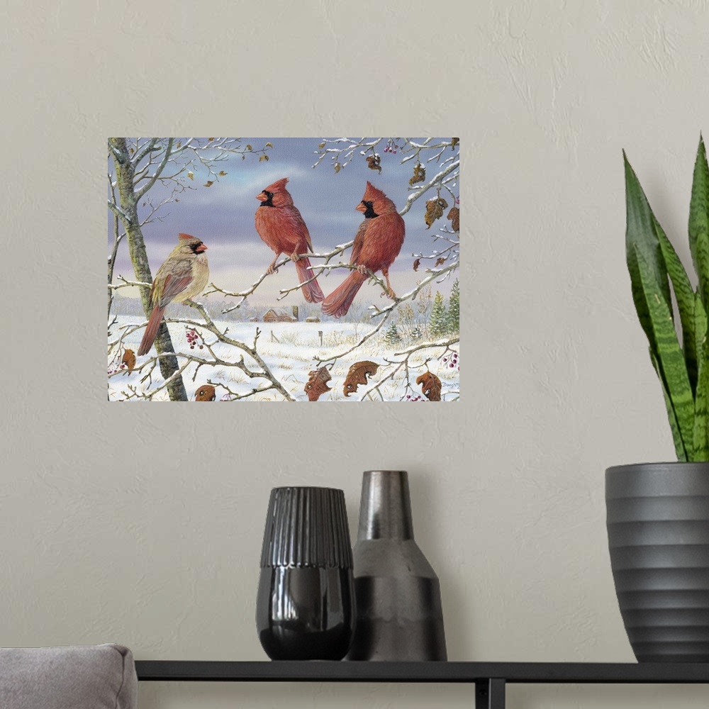 A modern room featuring Contemporary artwork of three cardinals perched on thin branches in the winter.