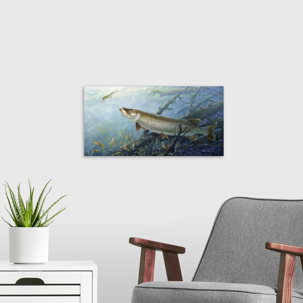 A modern room featuring Fish of a Lifetime Muskie