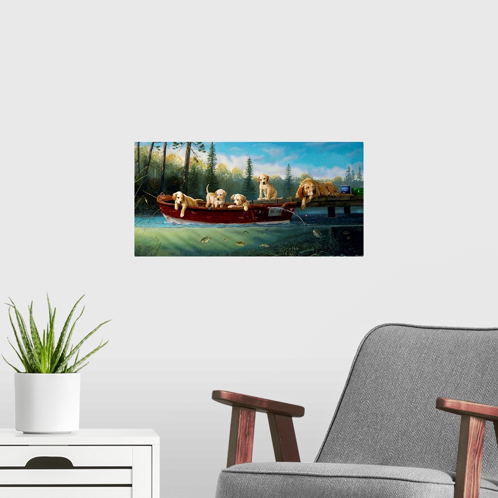 A modern room featuring Horizontal artwork on a big wall hanging of a mother dog lying at the edge of a dock, one of her ...