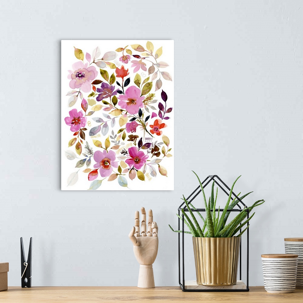 A bohemian room featuring Contemporary watercolor paining of colorful flowers.