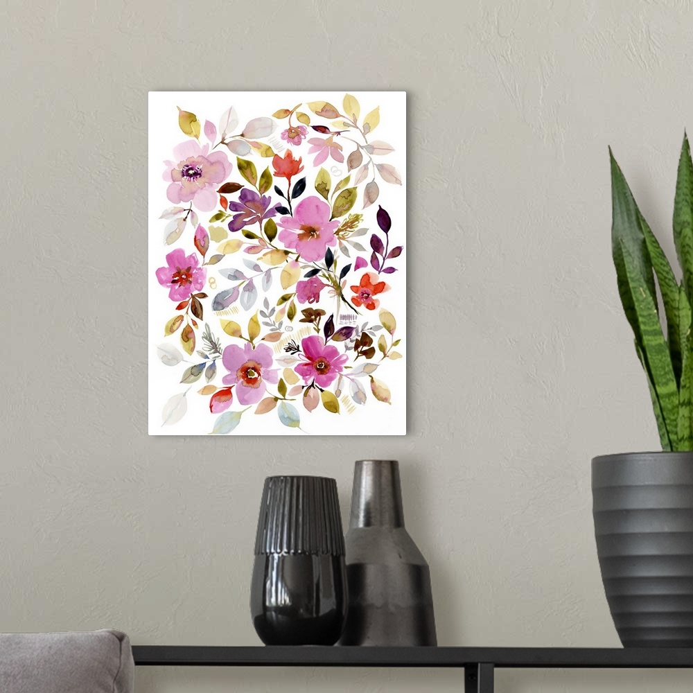 A modern room featuring Contemporary watercolor paining of colorful flowers.