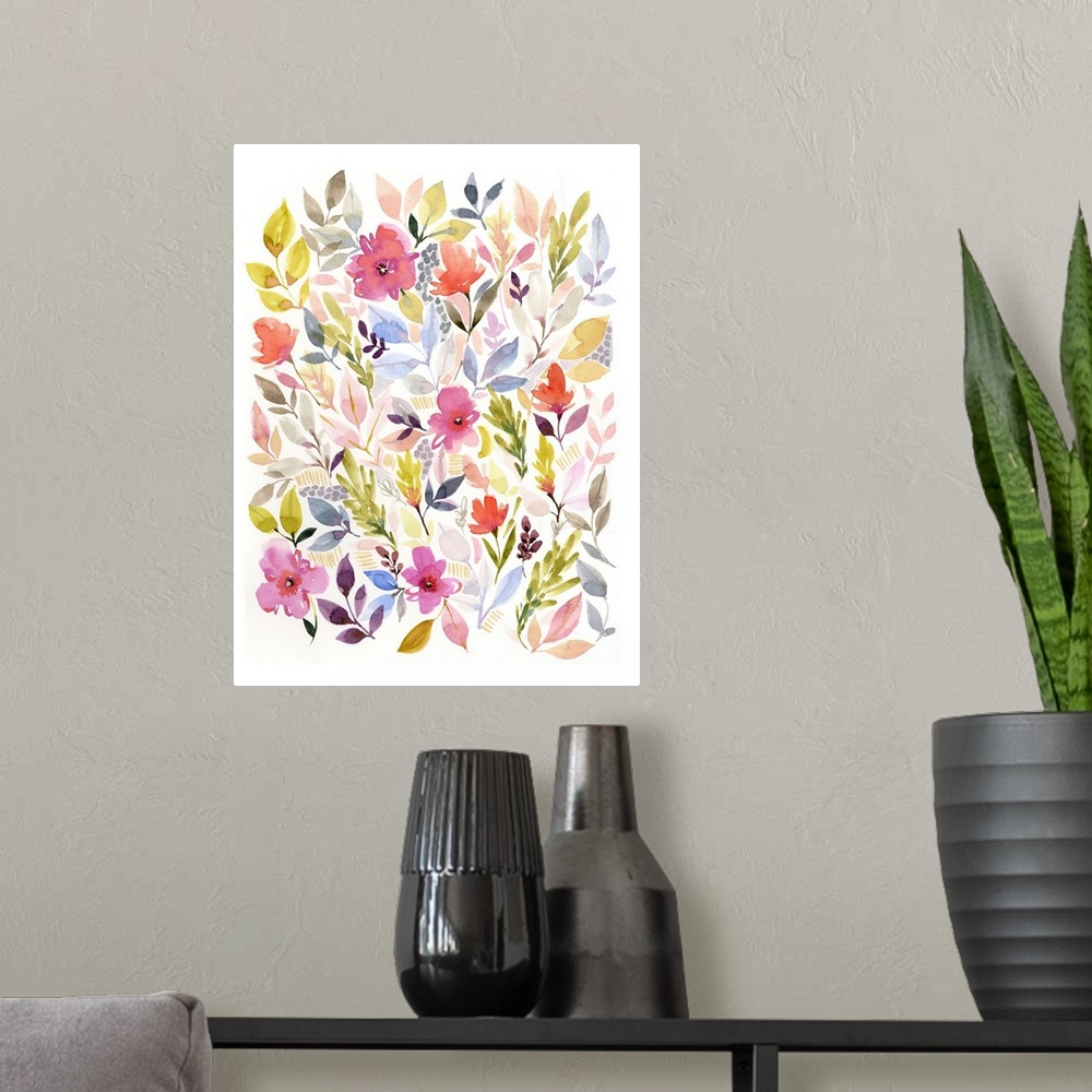 A modern room featuring Contemporary watercolor paining of colorful flowers.