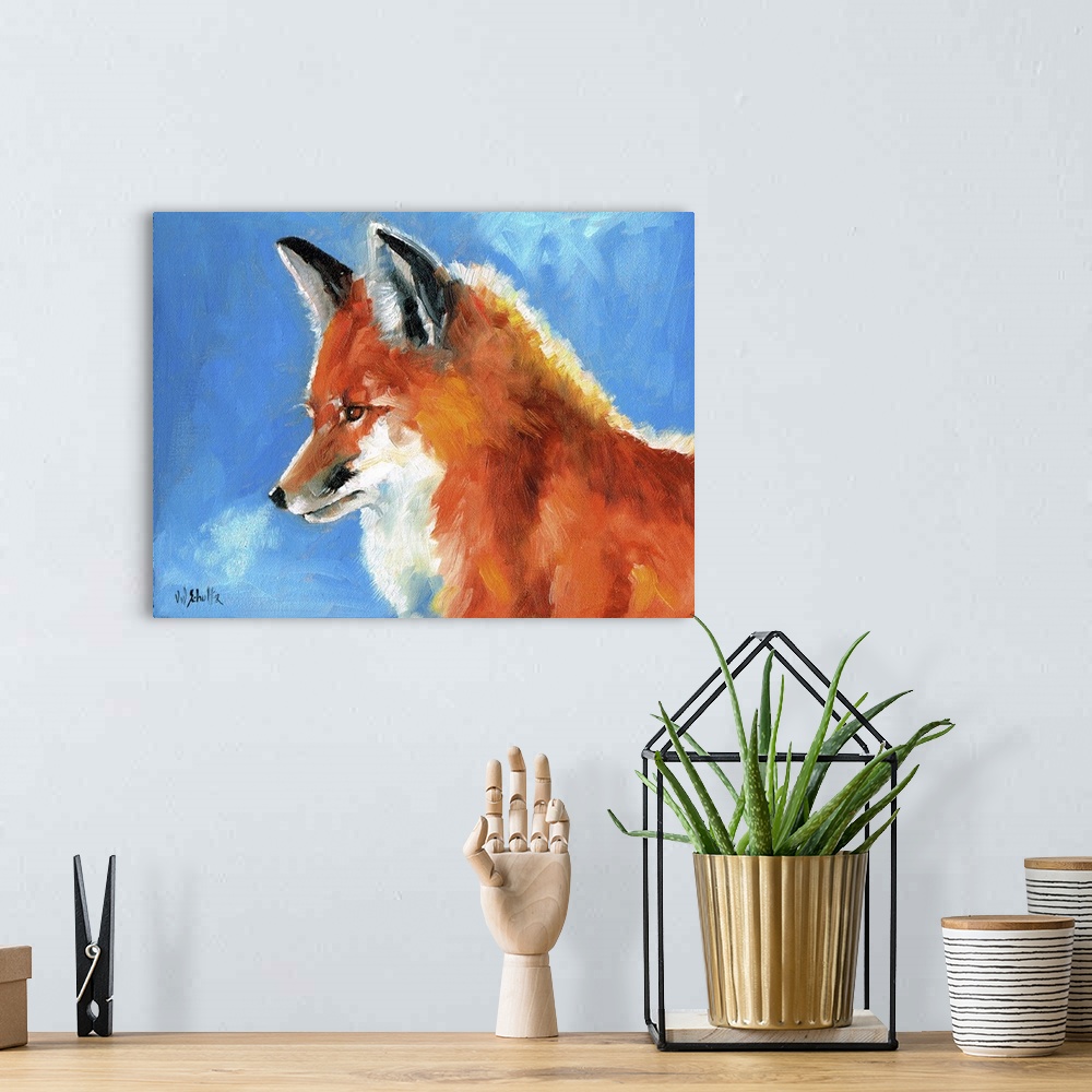 A bohemian room featuring Contemporary painting of a red fox in the winter.
