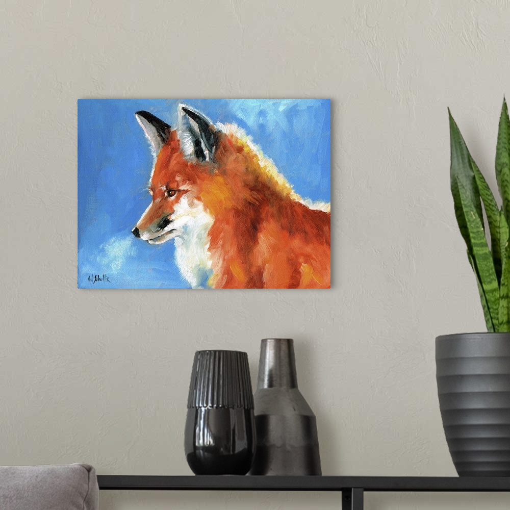 A modern room featuring Contemporary painting of a red fox in the winter.