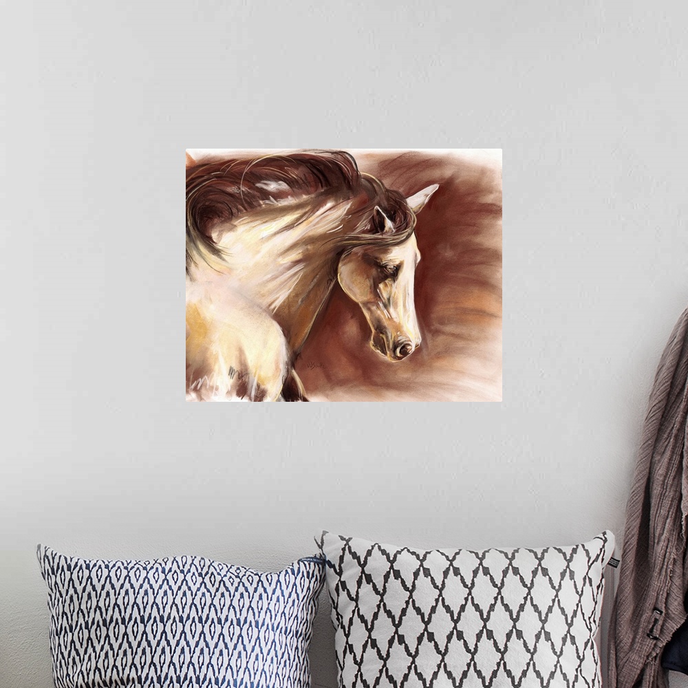A bohemian room featuring Up-close contemporary painting of horse with it's mane blowing in the wind.