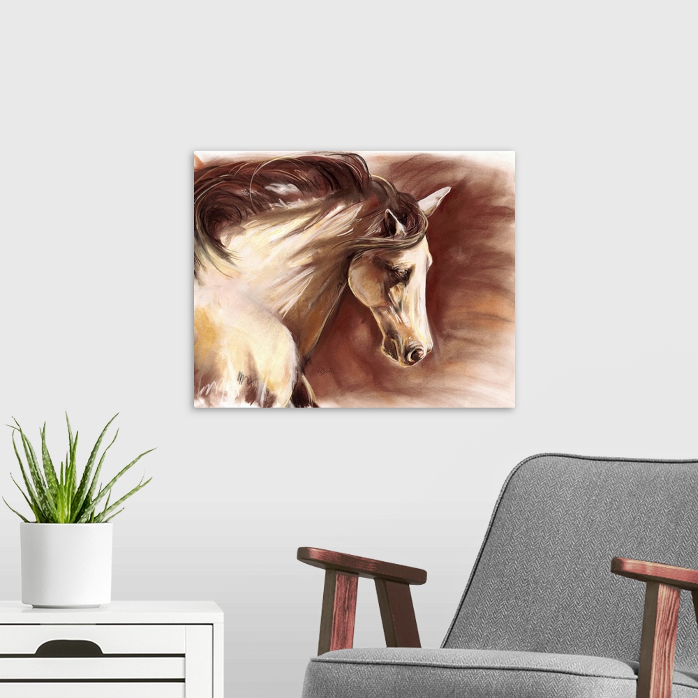 A modern room featuring Up-close contemporary painting of horse with it's mane blowing in the wind.