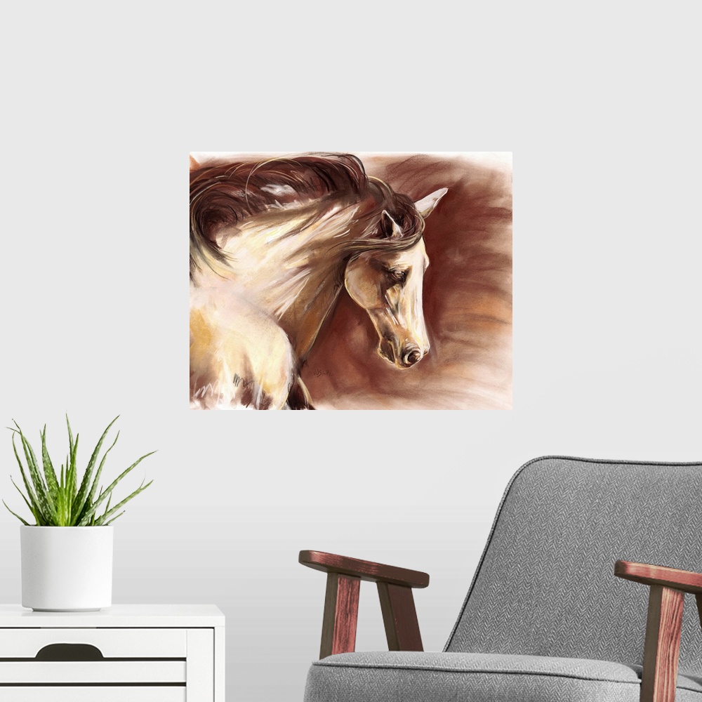 A modern room featuring Up-close contemporary painting of horse with it's mane blowing in the wind.