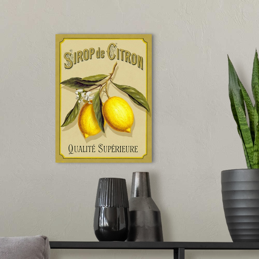 A modern room featuring Large print of an a French advertisement with two lemons on a branch.