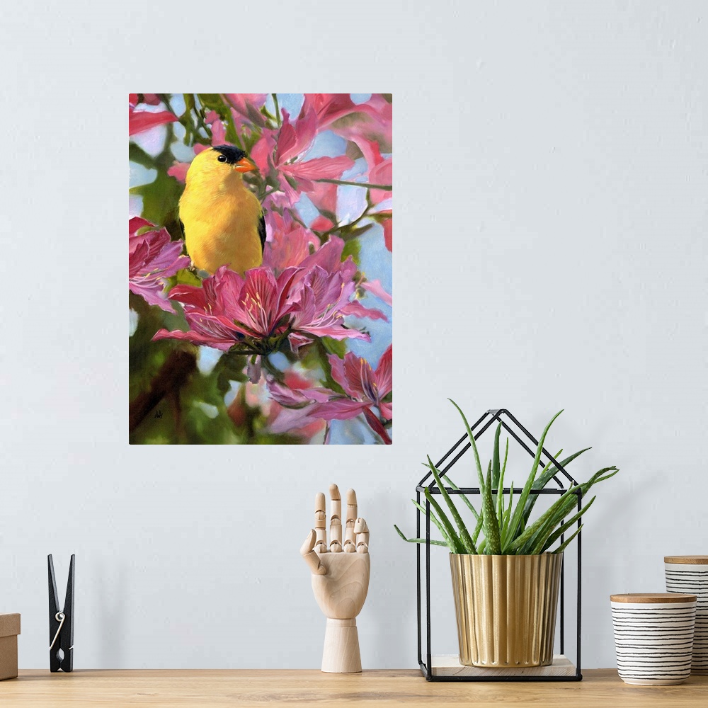 A bohemian room featuring Painting of a male goldfinch sitting on a pink flower.