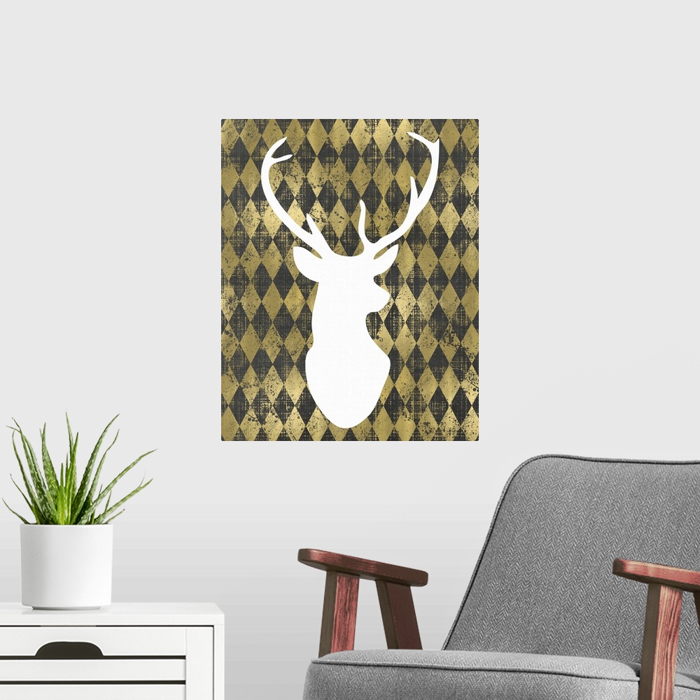 A modern room featuring Outline of a male deer's head in white against a gold diamond background.