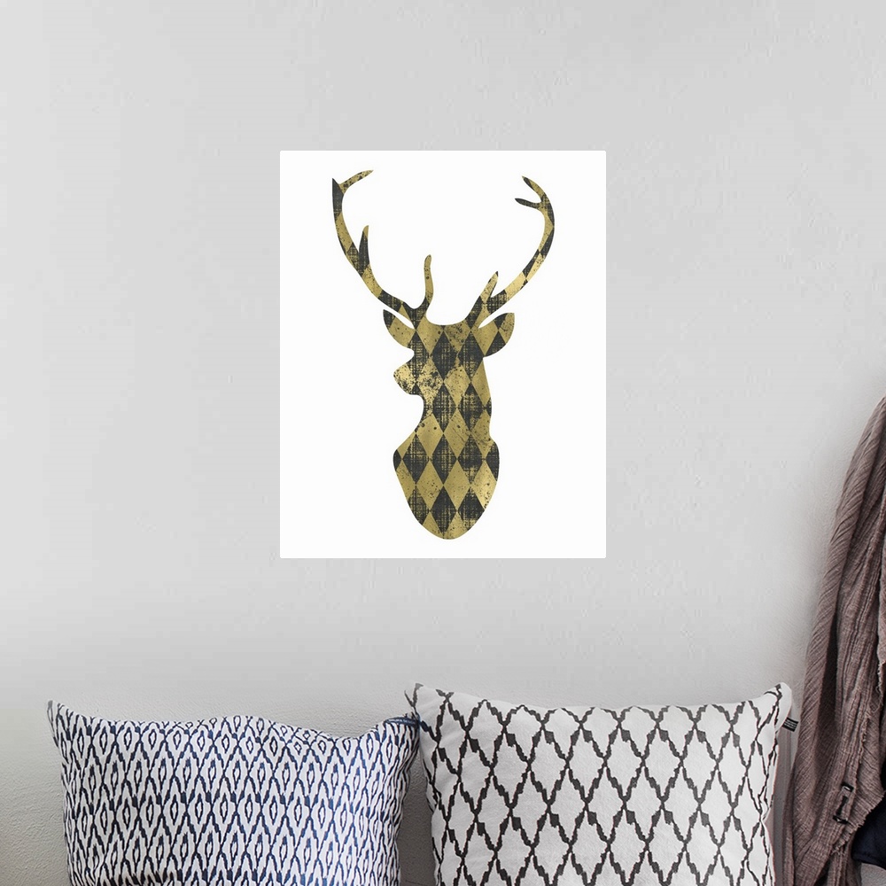 A bohemian room featuring Outline of a male deer's head in a gold diamond pattern against a white background.