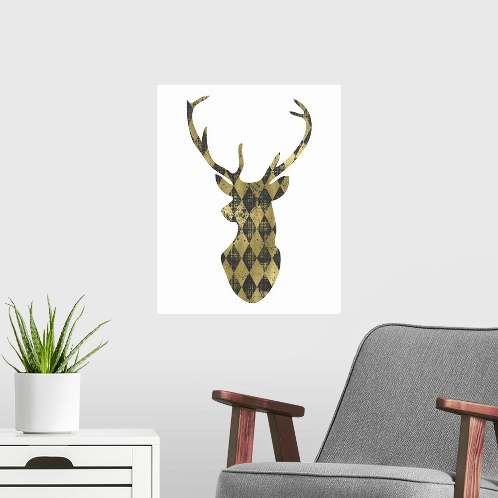 A modern room featuring Outline of a male deer's head in a gold diamond pattern against a white background.