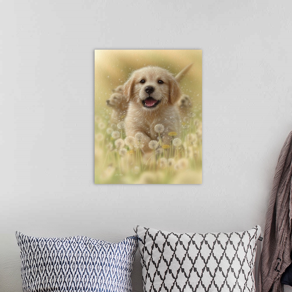 A bohemian room featuring Golden Retriever Puppy - Dandelions