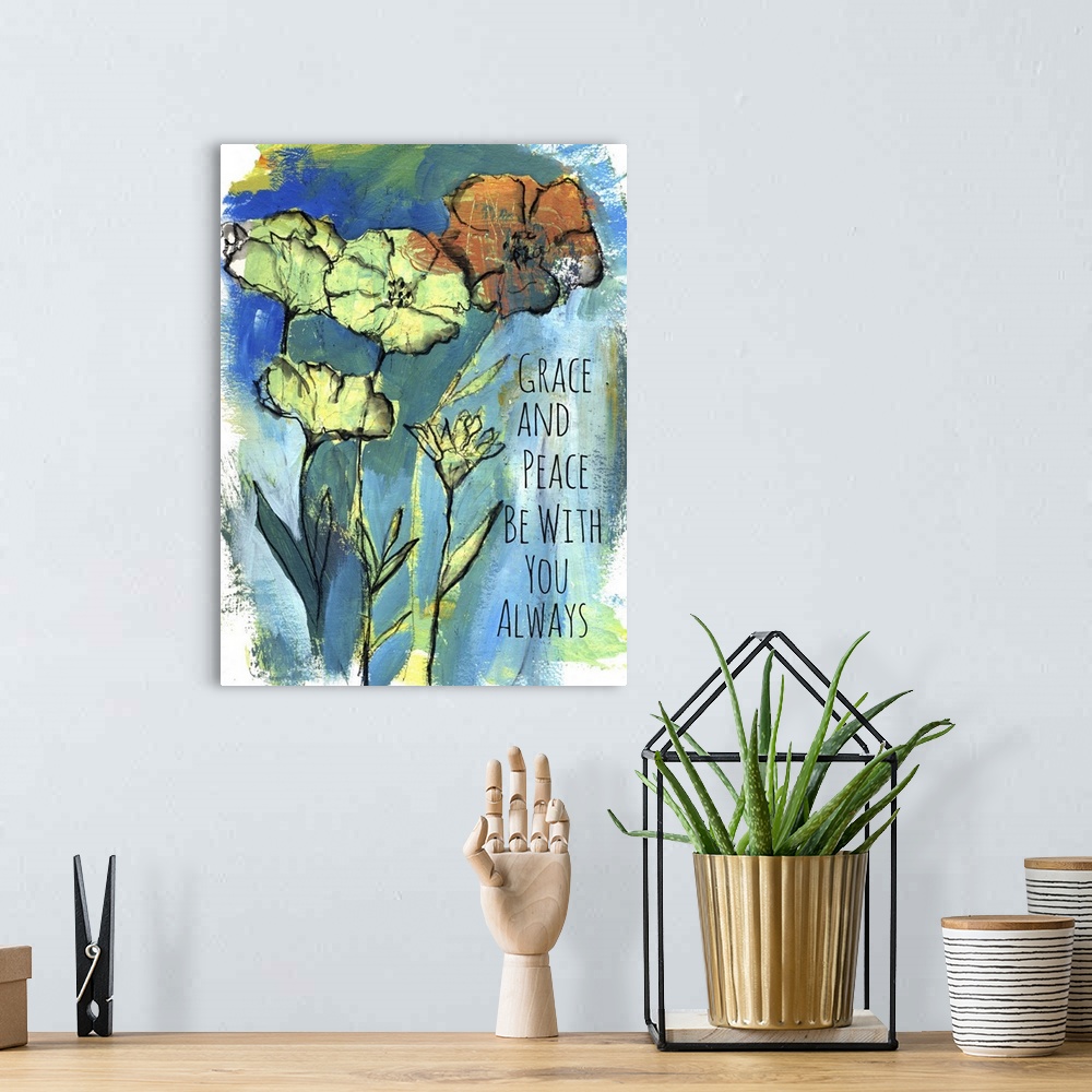 A bohemian room featuring Contemporary painting using bright colors and floral elements.