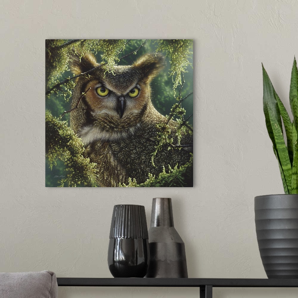A modern room featuring Great Horned Owl - Watching and Waiting