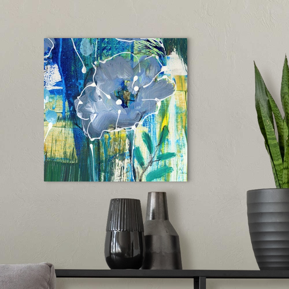 A modern room featuring Contemporary vibrant colorful painting using green and blue tones with flowers and abstract eleme...