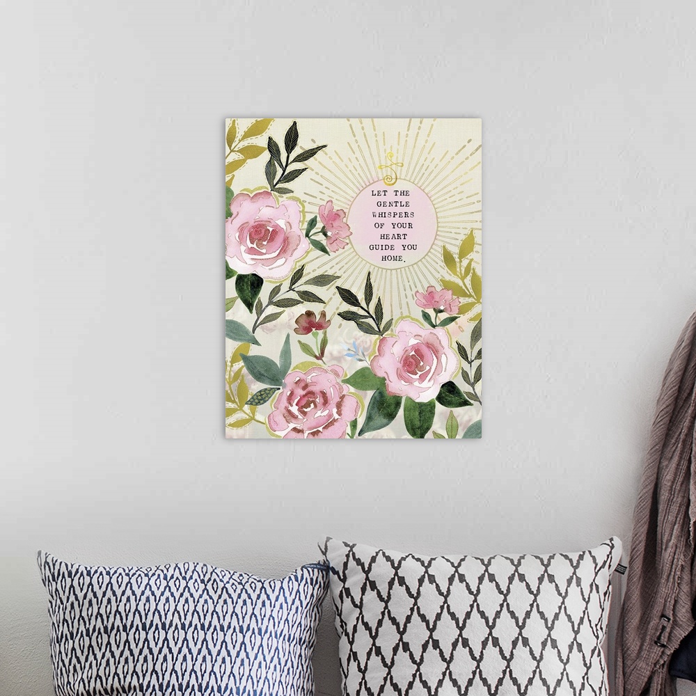 A bohemian room featuring An inspirational message decorated with pink watercolor roses.