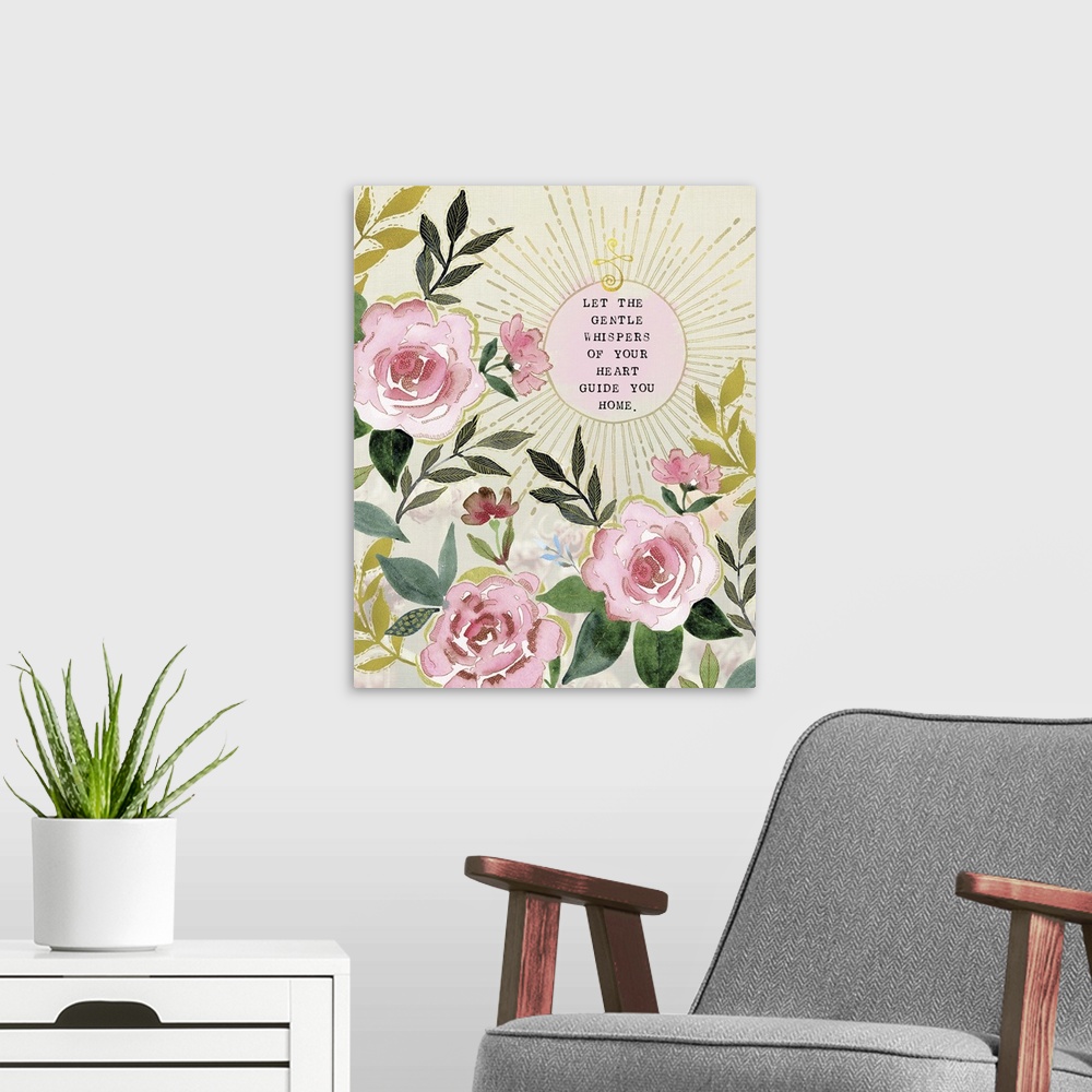 A modern room featuring An inspirational message decorated with pink watercolor roses.