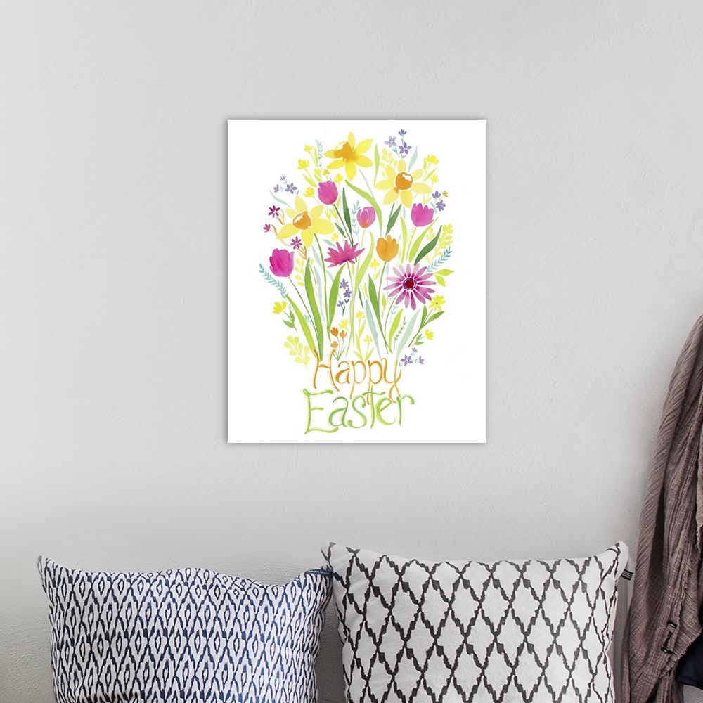 A bohemian room featuring Watercolor illustration of bright springtime flowers to celebrate Easter.