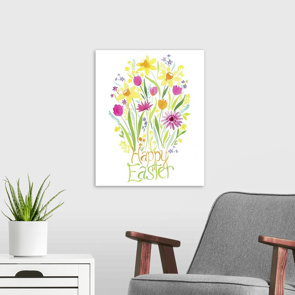 A modern room featuring Watercolor illustration of bright springtime flowers to celebrate Easter.