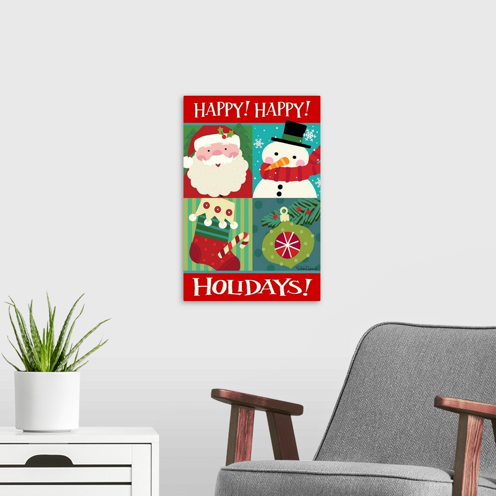 A modern room featuring Happy Happy Holidays