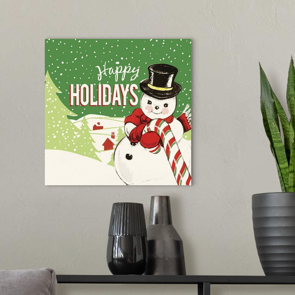 A modern room featuring Happy Holidays Snowman
