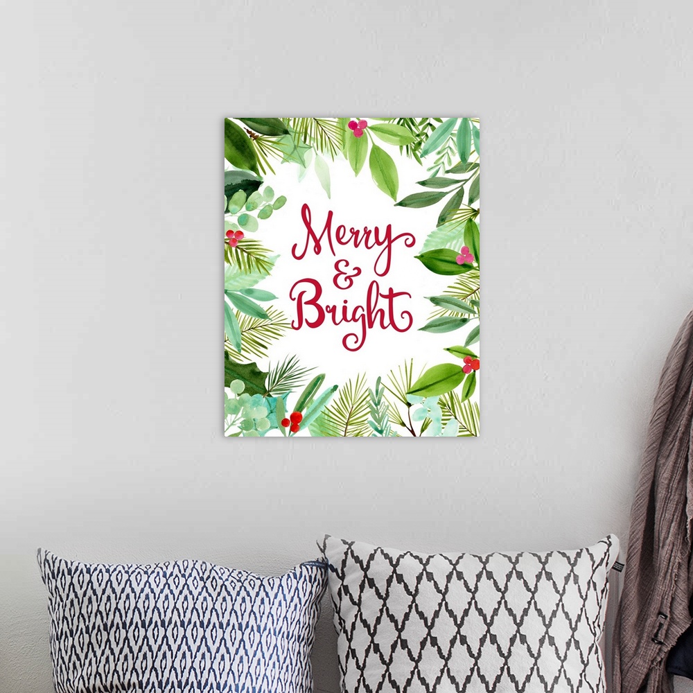 A bohemian room featuring "Merry & Bright" in red surrounded by holly and leaves.