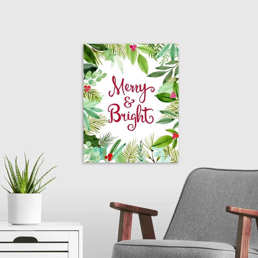 A modern room featuring "Merry & Bright" in red surrounded by holly and leaves.