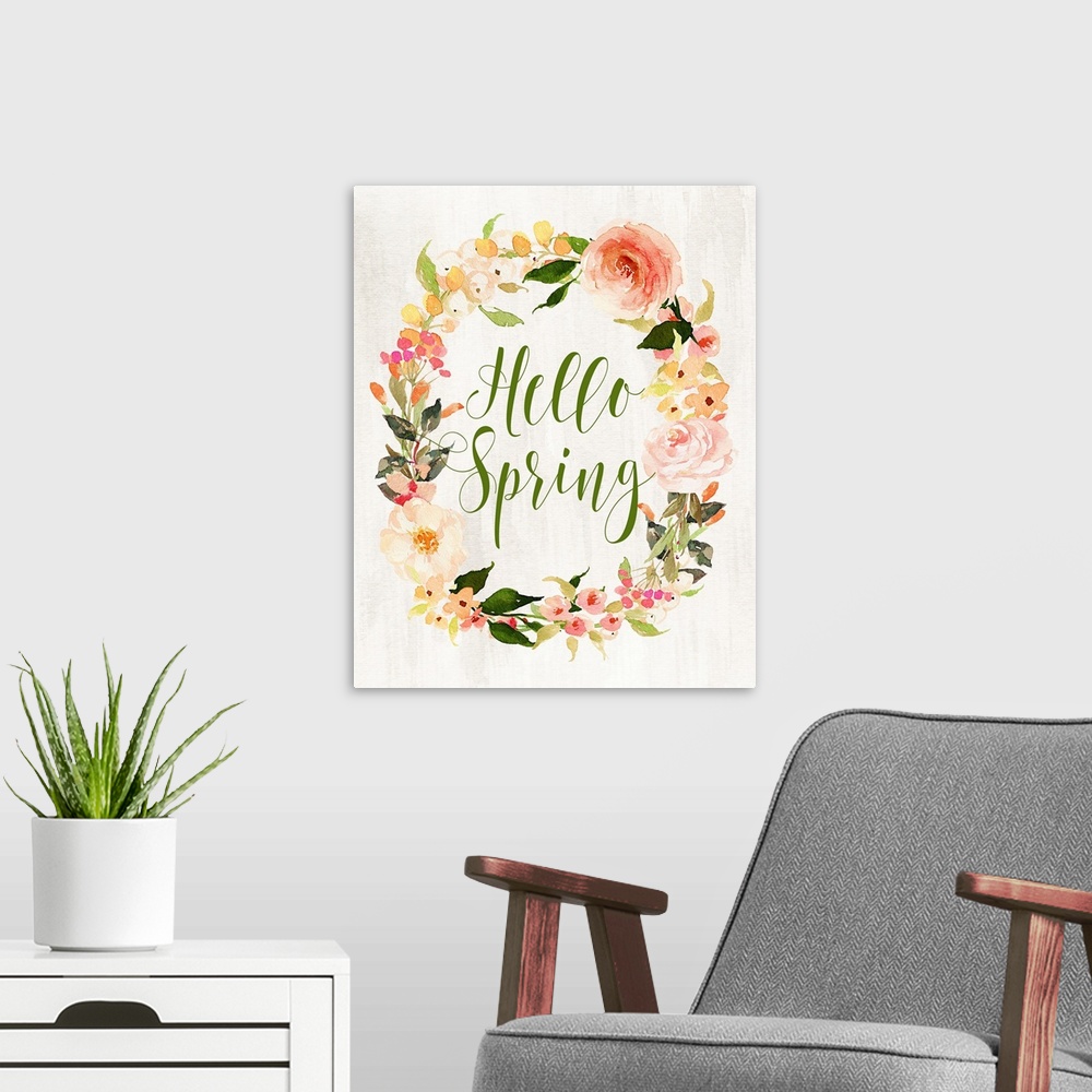 A modern room featuring Hello Spring in the center of a wreath of flowers.